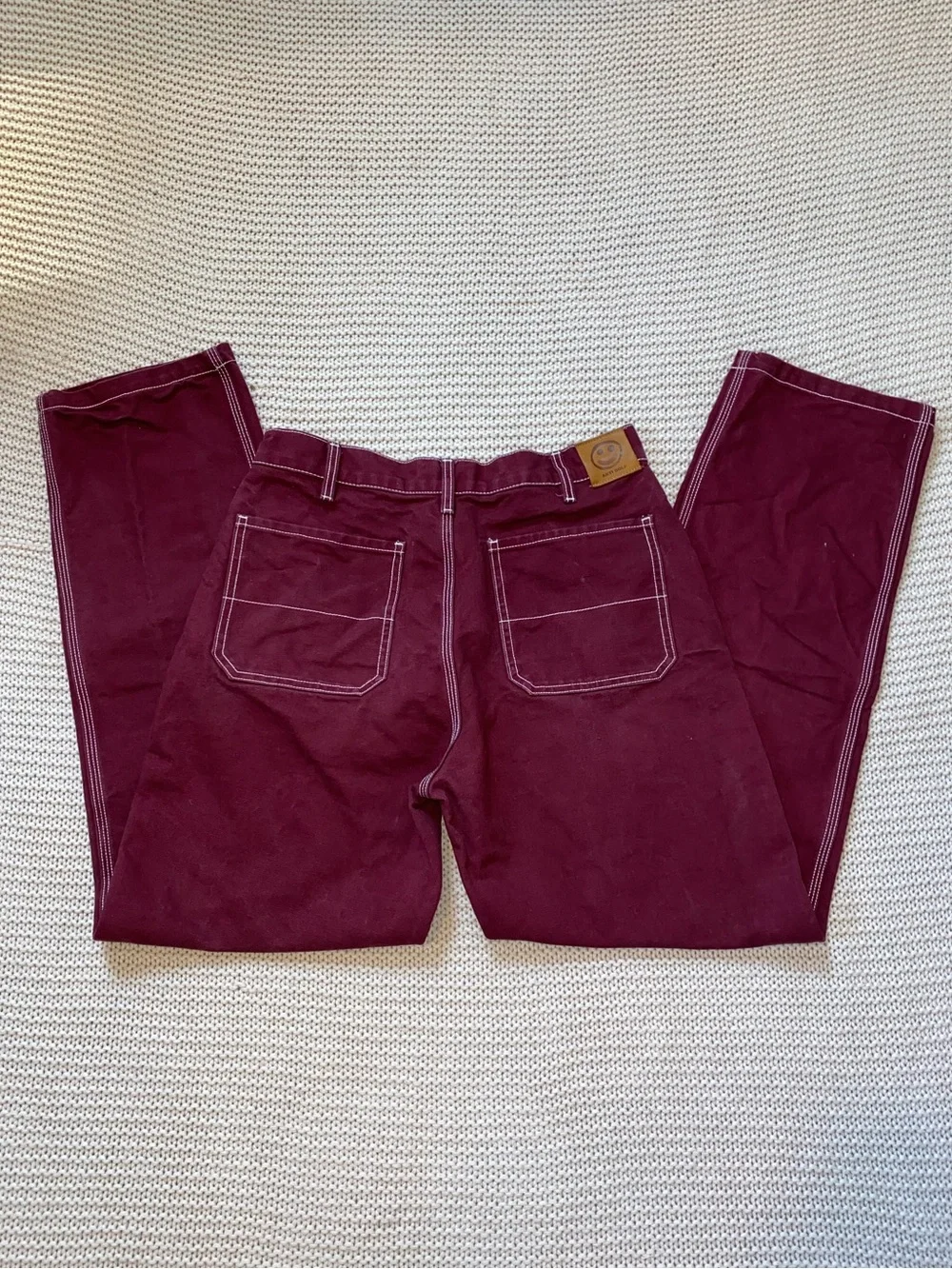✰ golf wang burgundy canvas work pants with white contrast stitching ✰